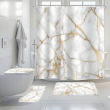 1件/3件/4件装极简大理石纹浴帘套装，含马桶座圈、浴室地垫，现代大理石纹理印花浴帘，完美适用于浴室装饰、通用房间装饰、家居装饰套装，浴室配件浴帘马桶边地垫浴帘套装 - 白金 - 查看 1