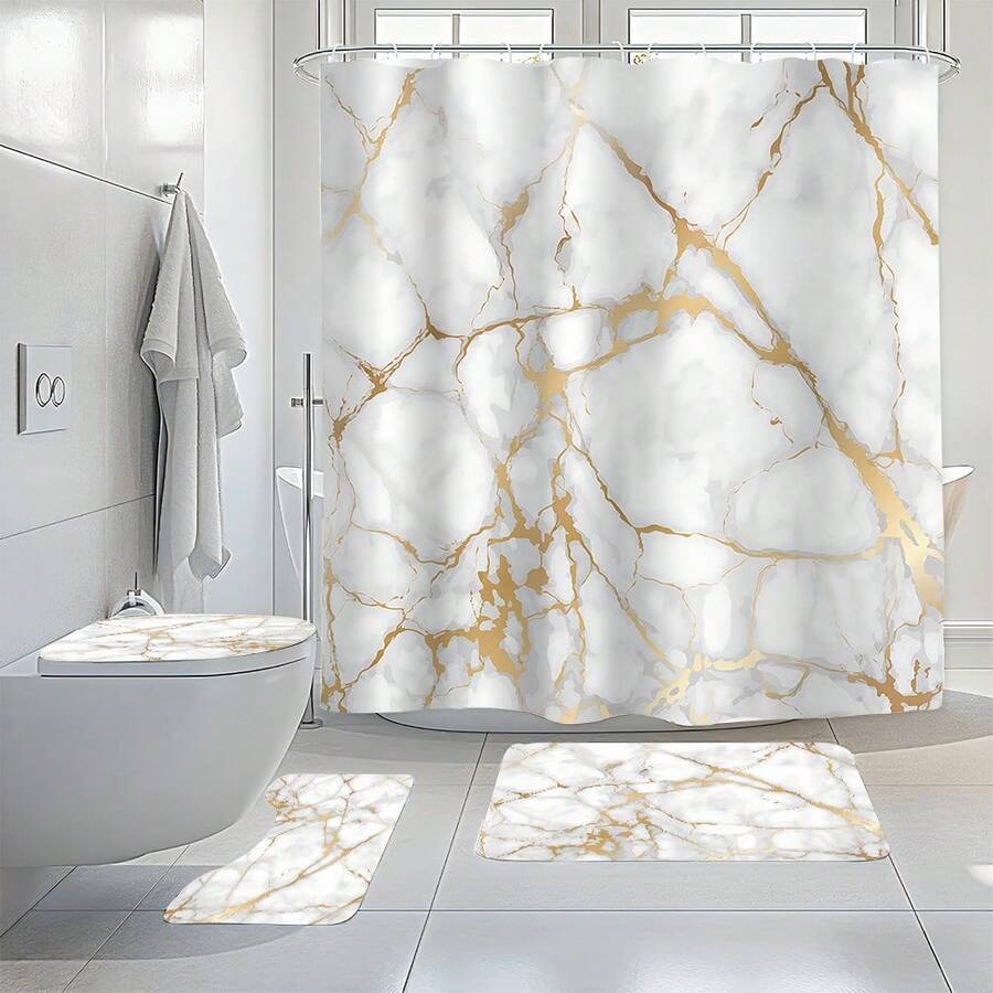 1件/3件/4件装极简大理石纹浴帘套装，含马桶座圈、浴室地垫，现代大理石纹理印花浴帘，完美适用于浴室装饰、通用房间装饰、家居装饰套装，浴室配件浴帘马桶边地垫浴帘套装 - 白金 - 查看 1