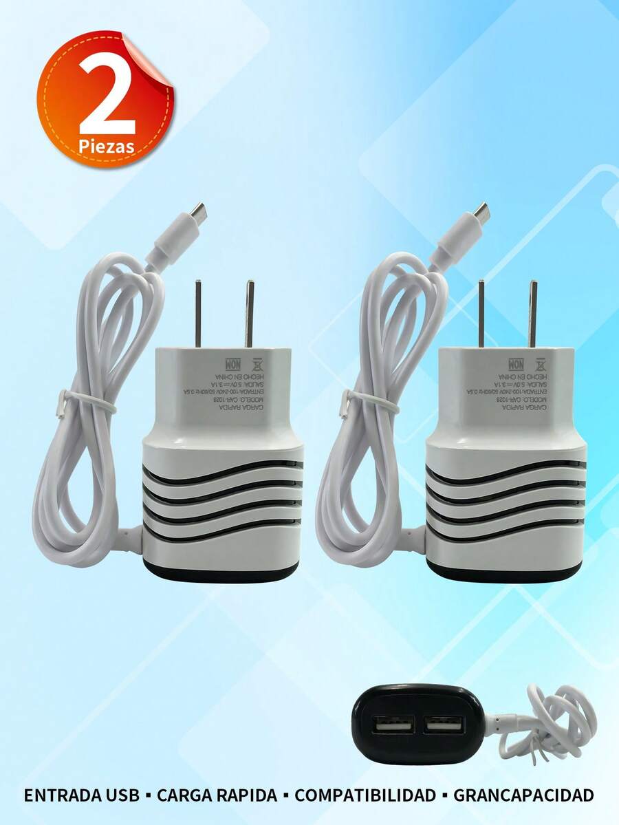 2 piezas 100CM Cargador de pared rápido de carga rápida,2 puertos USB, Cargador de viaje para celular y quipos electrnicos, 3.1A, cable integrado de 1M con coneecion Micro para celular. - 2 piezas - Ver 1