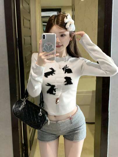 女士休闲圆领撞色兔子图案柔软甜美长袖毛衣，秋冬款