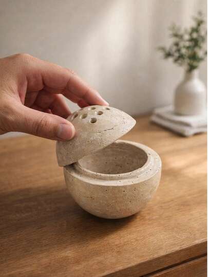 9-Hole Handmade Natural Stone Incense Burner, Round Marble Incense Holder For Meditation, Room Decor, Kitchen And Cafe - Beige Limestone