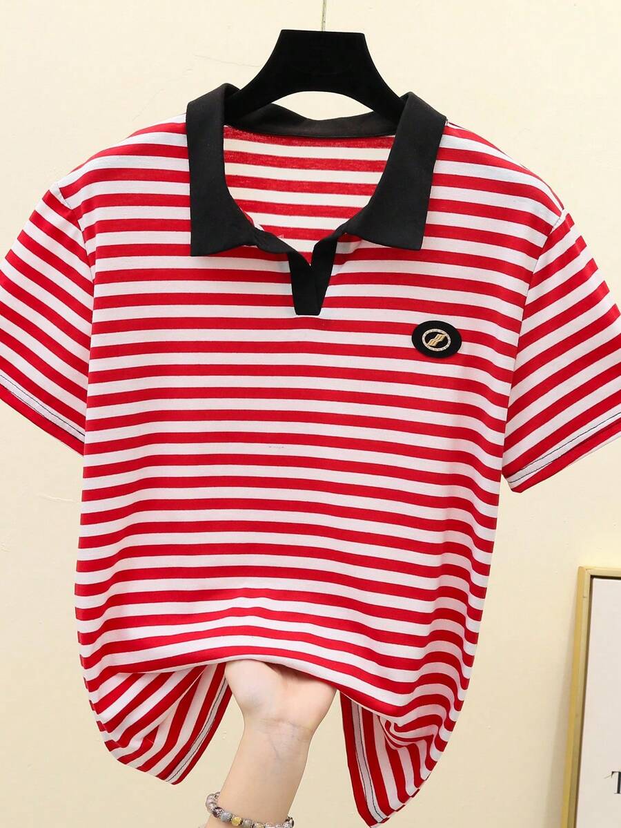女士条纹短袖 Polo 衫，夏季新款宽松修身休闲运动翻领上衣 - 紅色 - 查看 1