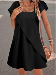 Women's Fashion Black Chiffon Mid-Length Dress, Short Sleeve Square Neck, Knee-Length Flowy Design - Black - View 5