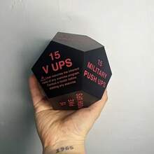 1个十二面体健身减压球 - 黑色底红色文字，包含18个跳跃深蹲和30个仰卧起坐的训练说明，非常适合手部握力训练，健身器材 | 十二面体设计 | 泡沫材质，家用健身房减压球，家用健身器材 | 十二面体减压球 | 泡沫结构，减压球