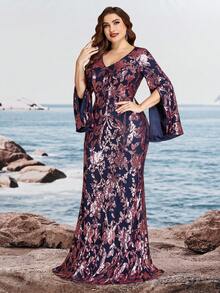 Đầm dạ hội dài tay cổ chữ V phối sequin dáng ôm dành cho nữ cỡ lớn, kiểu đuôi cá thanh lịch, thích hợp cho đám cưới mùa xuân. - Màu xanh hải quân - Xem 2