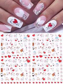 Pegatinas de uñas de San Valentín en 3D 2 piezas con personajes animados de corazones rojos, piano, violín, "Te amo" carta, decoración romántica para boda y vacaciones, autoadhesivas, para salón, decoración de uñas para mujeres y niñas, regalo - Multicolor - Ver 1