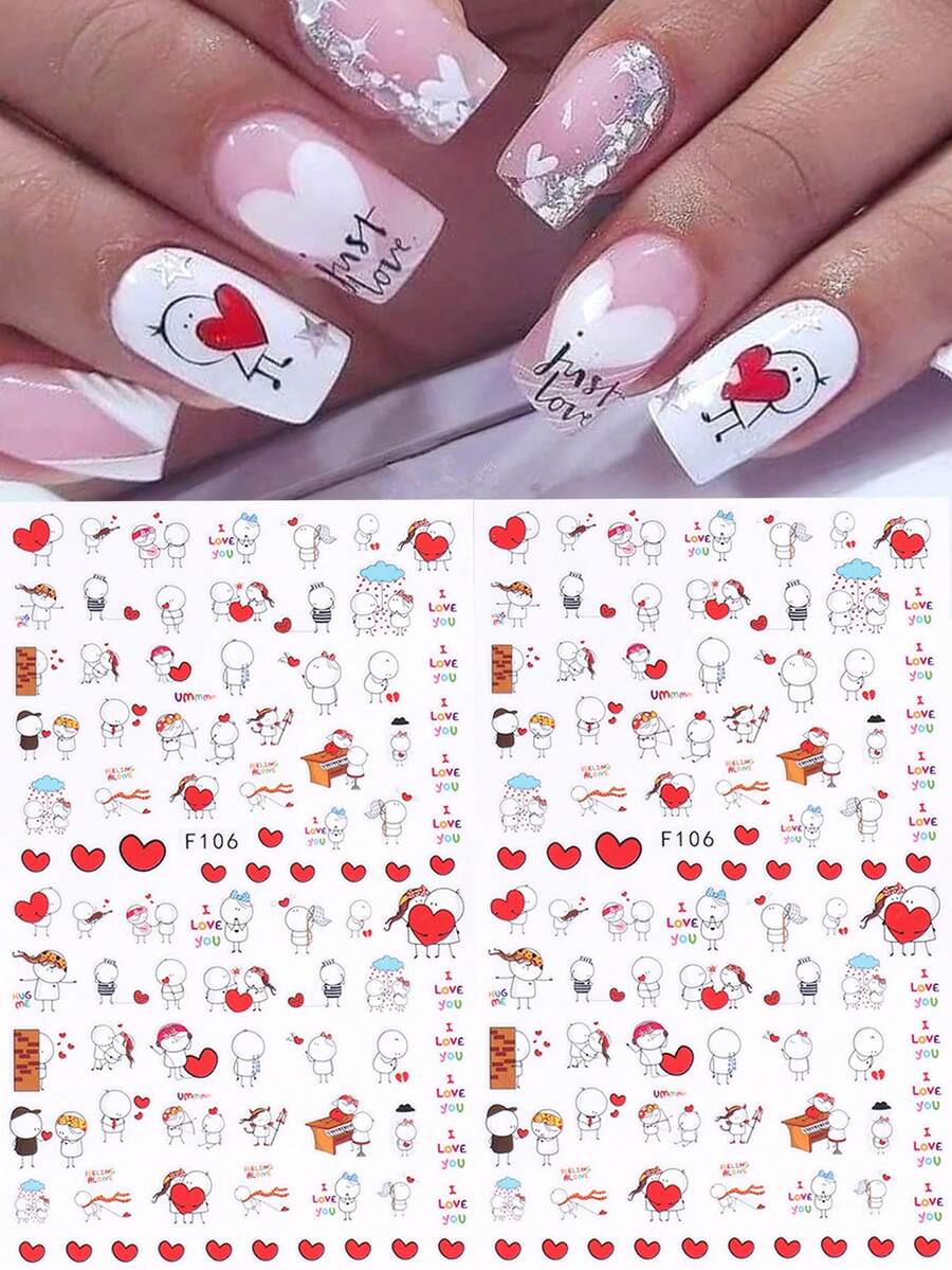 Pegatinas de uñas de San Valentín en 3D 2 piezas con personajes animados de corazones rojos, piano, violín, "Te amo" carta, decoración romántica para boda y vacaciones, autoadhesivas, para salón, decoración de uñas para mujeres y niñas, regalo - Multicolor - Ver 1