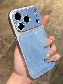 1pc New Large Window Electroplated Frame Tie Dye Denim Canvas Compatible With IPhone 17 16 15 14 Pro Max Jeans Soft TPU Back Cover - Baby Blue - View 2