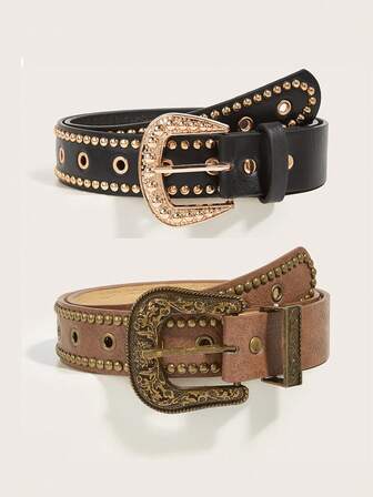 1 pieza Cinturón de mujer con hebilla estampada, nuevo cinturón de cintura retro americano Y2K con remaches y decoración de cuentas redondas, diseño de moda personalizado, adecuado para vaqueros, casual, elegante, en colores negro y marrón para uso diario