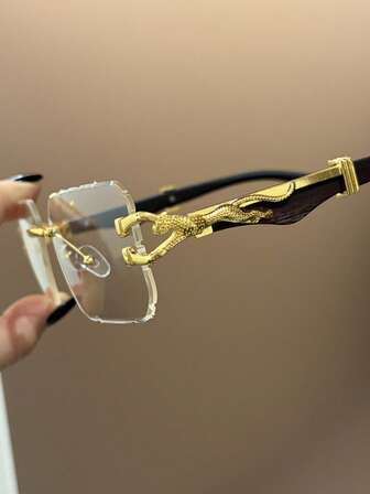 1pc Men's Gold Frameless Metal Leopard Retro Minimalist Fashion Flat Glasses, High-Quality Plastic Temples, Suitable For Reading, Office, Party, Fashion Accessory, Business Casual Daily Outfit Essential
