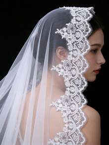 1pc 4m Luxury Lace Applique Bridal Veil, Suitable For Cathedral Wedding - Milky - View 3