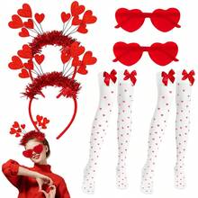 Conjunto de acessórios para o Dia dos Namorados com corações vermelhos (2/3 peças): tiara de coração vermelho, óculos em formato de coração, meias, decoração combinando para casais com tema de festa, adereços para fotos. - Multicolorido - Ver 1