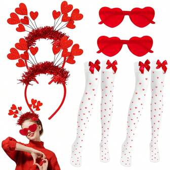 2/3ชิ้น/ชุด เครื่องประดับหัวใจสีแดงสำหรับวันวาเลนไทน์, ที่คาดผมหัวใจสีแดง, แว่นตารูปหัวใจ, ถุงน่อง, ของตกแต่งธีมปาร์ตี้สำหรับคู่รัก, อุปกรณ์ประกอบฉากถ่ายภาพ