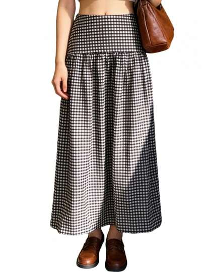 Women's Fashion Long Skirts Dropped Waist Plaid Skirts Summer Casual A-Line Skirts Streetwear