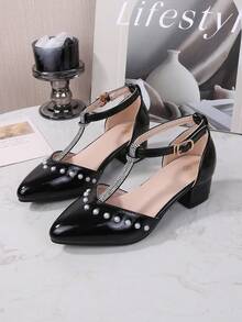 2026新款青少年学生鞋，珍珠公主高跟鞋，四季皆宜 - 黑色 - 查看 3