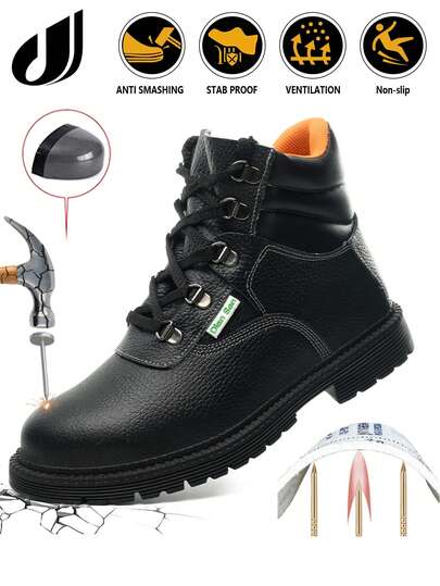 Botas de acero con puntera antiaplastamieto para hombres, botas de trabajo antipunción, suela de goma resistente al desgaste, botas de cuero de fibra ultrafina de alta, adecuadas para almacén, taller de forja, planta de fabricación, obra de construcción, fábrica, actividades al aire entrenamiento, también ideales para senderismo y trabajo