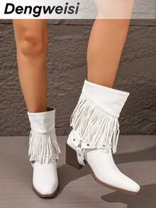 白色西部靴，饰有波西米亚流苏，搭扣带，套穿式，粗跟，方头，百搭，优雅街头风，欧美时尚女靴 - 白色 - 查看 7