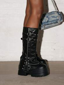 Goth Women's Fold Over Knee High Boots Platform Y2k Punk Thick Sole Belt Buckle Wedges High Heels Motorcycle Ruched Slouchy Boots Fashion Halloween Dress - 黑色 - 查看 3