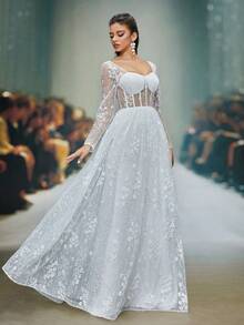 Anpoket New Arrival Square Neck Delicate Wedding Dress Embroidery Perspective Long Sleeve A-Line Dress - White - View 5