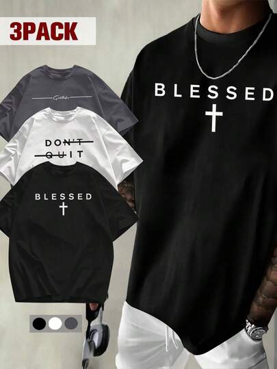 3件装 K-GLORY 男士休闲百搭简约英文标语印花短袖T恤