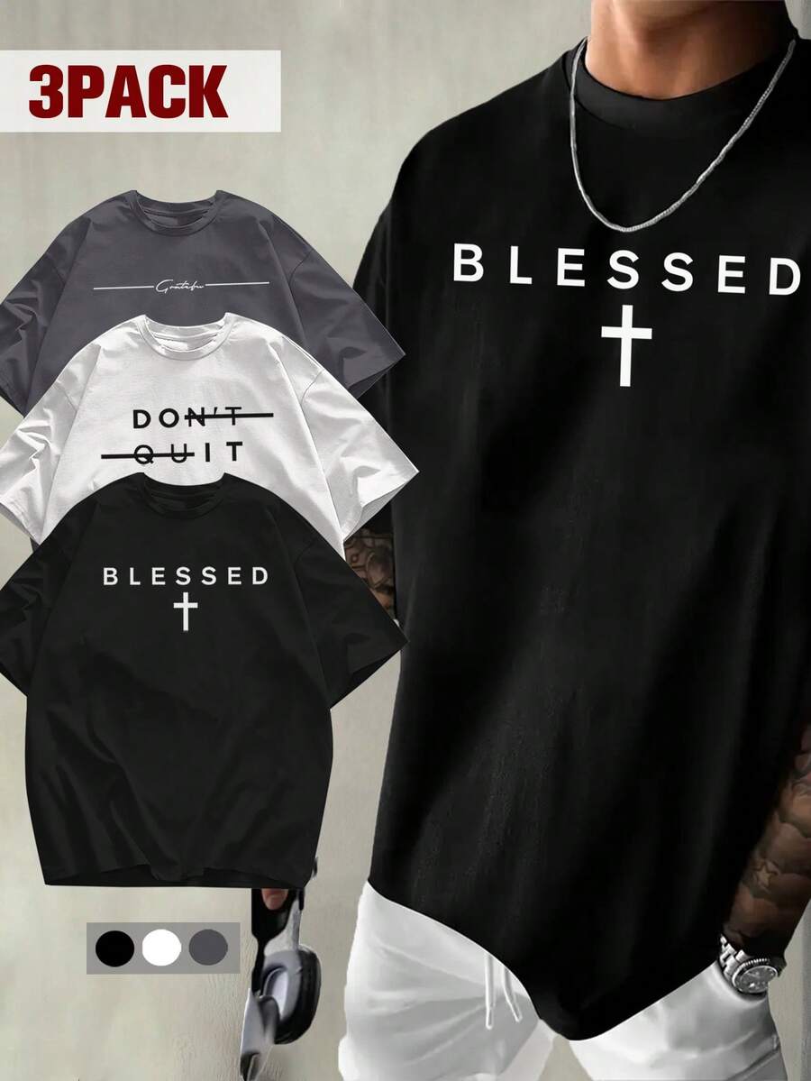 3件装 K-GLORY 男士休闲百搭简约英文标语印花短袖T恤 - 彩色 - 查看 1