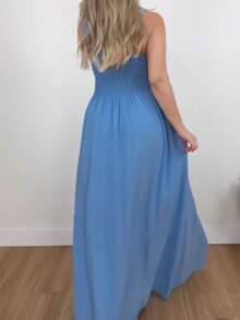 女士优雅无袖长款收腰连衣裙，夏季 - 藍色 - 查看 4