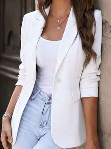 Chaqueta blazer de mujer de manga larga, cuello puntiagudo, hecha de tela de poliéster, con detalles de botones, ajuste y largo regulares, diseño sin estiramiento - Blanco - Ver 3