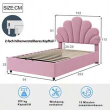 Polsterbett Kinderbett 90 X 200 Cm, Mit Geblümtem Kopfteil Und Lattenrost, Mit Höhenverstellbarem Kopfteil Und Hydraulischem Stauraum, Haute-Freundlicher Samtstoff, Rosa - Pink - View 2