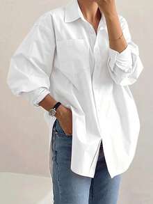 Áo sơ mi nữ cỡ lớn tay dài dáng rộng, màu trơn, có cúc cài phía trước và túi, thích hợp cho công sở, mặc hàng ngày, du lịch, mùa xuân/hè. - trắng - Xem 4