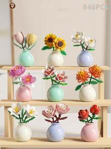 846片人造永生花和多肉植物,手工花束,DIY百合/菊花/玫瑰/扶桑/牡丹/向日葵/郁金香/茉莉3D拼图积木,家居装饰,桌面摆件,母亲节/生日礼物 - 彩色 - 查看 7