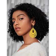 MALOYANVE Bohemian Wood Earrings For Women Handmade Natural Retro Lightweight Teardrop Geometric Hollow Wooden African Dangle Drop Geometric Statement Earrings Boho Vintage ,Yellow - 黃色的 - 查看 4