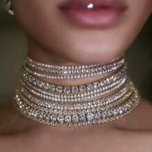1 chiếc vòng cổ choker ngắn cao cấp tinh tế với đá pha lê lấp lánh, vòng cổ choker nhiều lớp sang trọng dành cho nữ, dây chuyền đính đá, trang sức nổi bật, quà tặng đám cưới, tiệc tùng. - Vàng - Xem 6