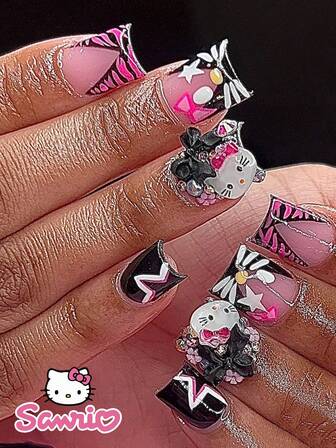  24PCS Short Square Fake Nail HelloKitty Black French Red Stripe Sanrio Stars Black Bow Valentine's Day Pointed Nail Art Cute Chrome Acrylic Press Nail Gel Nail Art Nail Art Supplies Nail Art Set (Attached: One Piece Of Jelly Gel And File) Suitable For Women Daily Dating Party