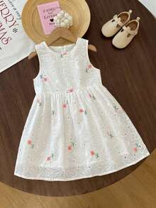 Girls' Casual Sleeveless Dress, Korean Style Embroidered Floral Princess Dress, Minimalist Tank Dress, Summer - White - View 1