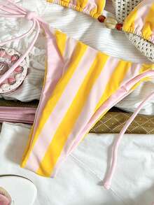 Conjunto de bikini de mujer a rayas amarillas y rosas, sexy con cuentas, de tela de alta elasticidad, adecuado para la playa, la piscina, fiestas, vacaciones - Primavera/Verano - Rosa - Ver 7