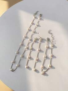 一套优雅复古念珠手链项链耳环首饰套装，时尚高端法式复古风格项链，适合女性，适合派对、日常佩戴、节日礼物。 - 愛心 - 查看 1