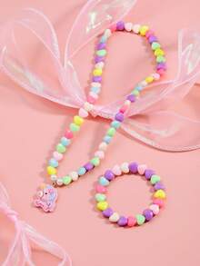 手工首饰套装：项链和手链，配有彩色心形珠子和可爱的独角兽吊坠（珠子颜色随机搭配，珠子轻微瑕疵不影响使用） - 款式1 - 查看 4