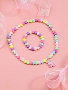 手工首饰套装：项链和手链，配有彩色心形珠子和可爱的独角兽吊坠（珠子颜色随机搭配，珠子轻微瑕疵不影响使用） - 款式1 - 查看 5