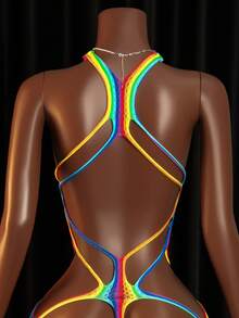 Bộ jumpsuit hở lưng ombre cầu vồng gợi cảm, dây đeo vai mảnh có thể điều chỉnh, phần ngực khoét tròn, thiết kế lưng chữ X, thắt lưng xoắn ốc, quần lọt khe cạp cao, bộ liền thân hở lưng. - Nhiều màu - Xem 5