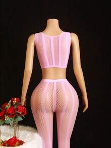 两件套粉色可爱条纹吊带背心和破洞渔网裤性感内衣套装，适合浪漫场合 - 粉色 - 查看 4