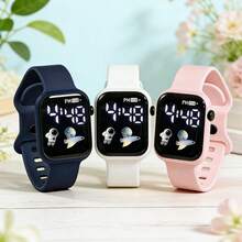 3pcs/Set Unisex Astronaut Cartoon Rocket Design Sports Casual Electronic Watch, Suitable For Various Styles Of Daily Matching Or Christmas, Birthday, Holiday Gifts - Multicolor - View 1