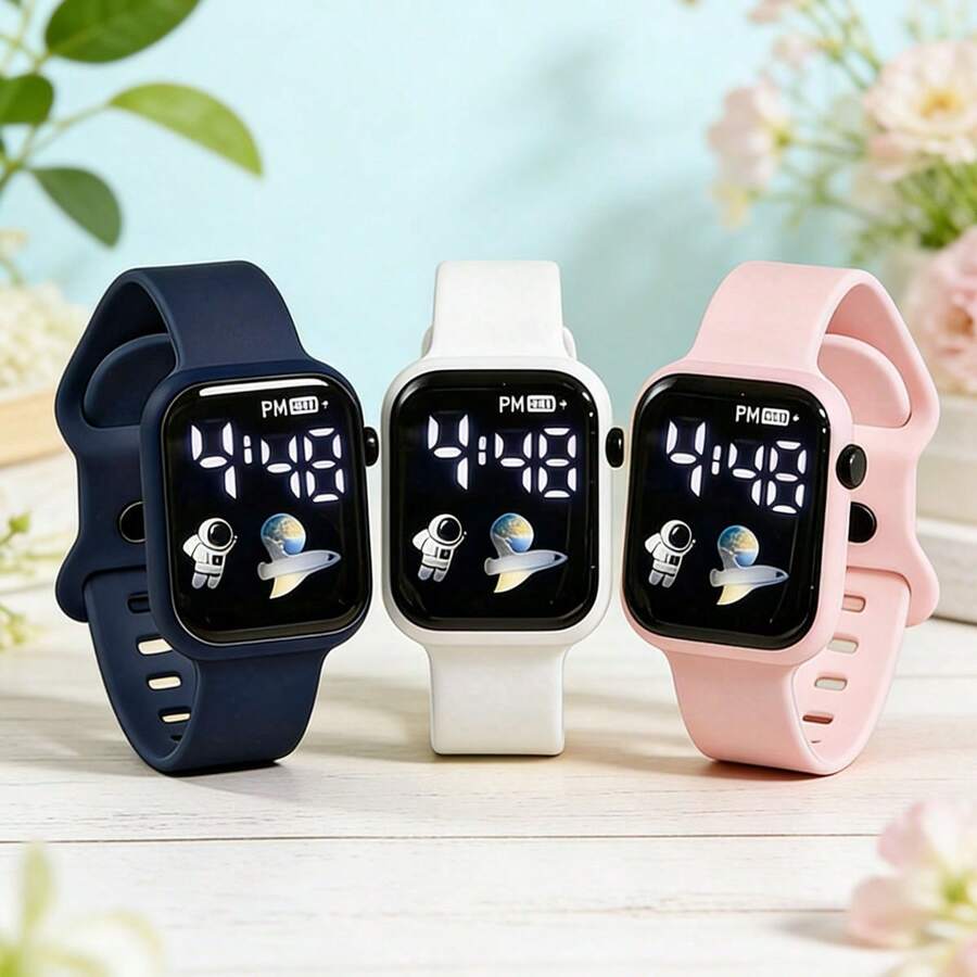 3pcs/Set Unisex Astronaut Cartoon Rocket Design Sports Casual Electronic Watch, Suitable For Various Styles Of Daily Matching Or Christmas, Birthday, Holiday Gifts - Multicolor - View 1