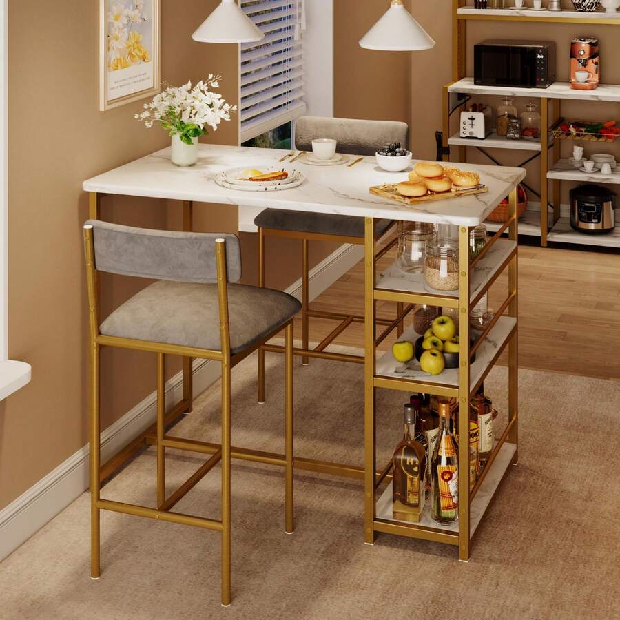 Techigher Dining Table Set For 2, Kitchen Table And Chairs, 3 Piece Counter Height Bar Kitchen Table Set With 2 Upholstered Chairs & 3 Storage Shelves For Small Space, Apartment