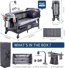 Embalaje y juegue Bañero portátil de bebé para dormir junto a la cama con puerta cremallera, mesa de cambio, ruedas de cierre, almacenamiento inferior y barra de juguetes para niños pequeños - Gris Oscuro - Ver 2