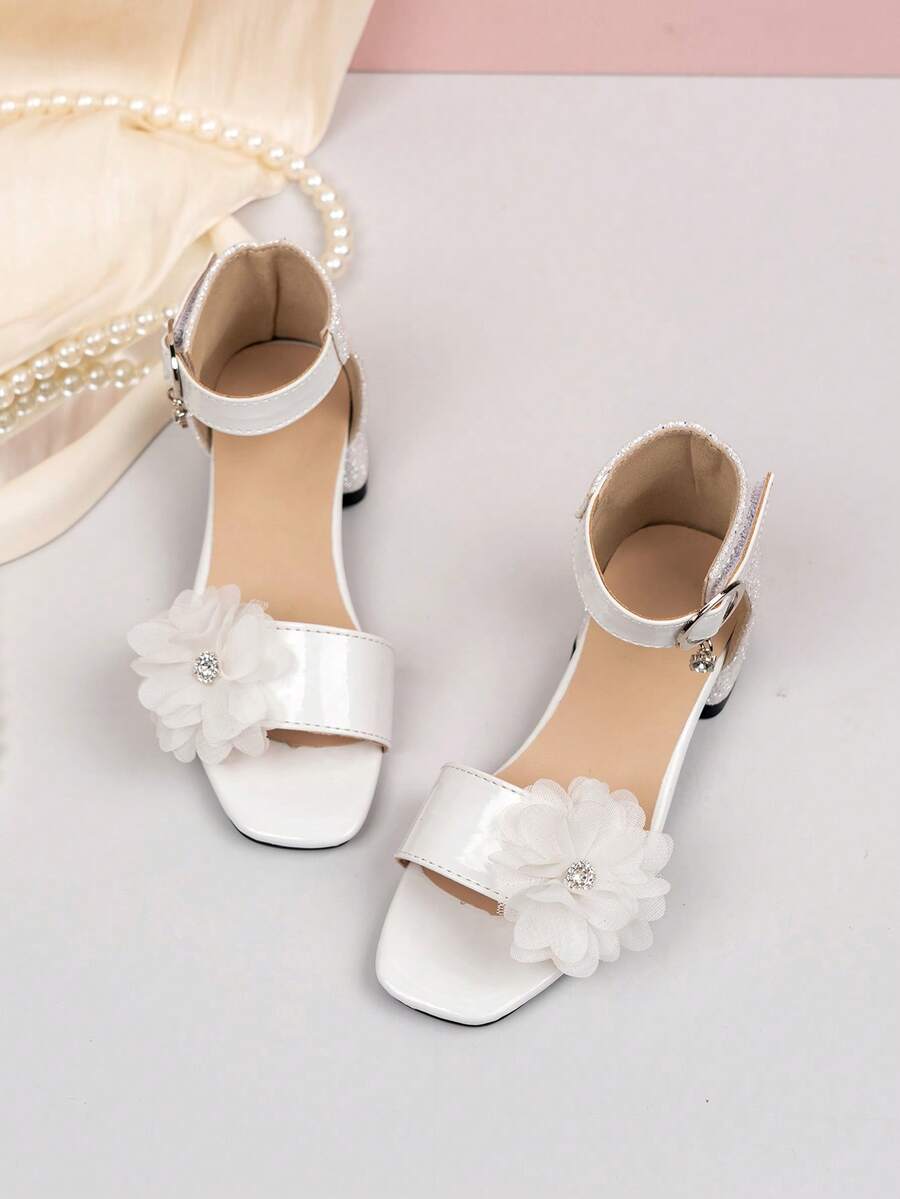 1 Pair Children's White Mesh Flower Rhinestone Sequin Non-Slip Peep Toe Chunky Heel Elegant Piano Performance Dance Recital Shoes - White - View 1