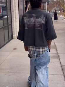 [Outfit de moda]Jeans de Tiro Alto Superlargos con Cuadros Deconstruidos y Rotos para Hombre/Mujer, Corte  y Estilo Urbano Desafiante - Una Fusión de Patrones - Azul - Ver 4