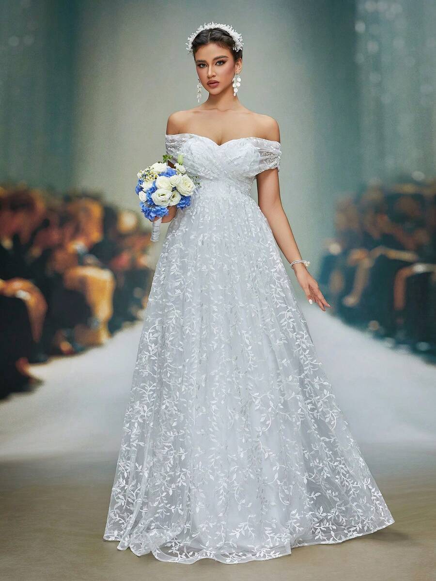 Anpoket New Arrival Off Shoulder Feminine Wedding Dress Embroidery Crimping A-Line Dress - White - View 1