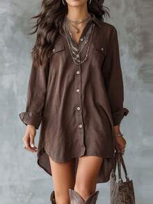 Women's Brown Long Sleeve Polyester Button-Up Shirt Dress, Collared, Front Short Back Long Design With Pockets Spring - Brown - View 8