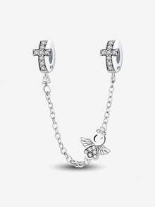 1Pc Fashionable 925 Sterling Silver Angel Cross Safety Chain Beads Charms Fit For Women Bracelets Bangles DIY Jewelry Making And Daily Outfit Matching Jewelry Decoration For Girls
