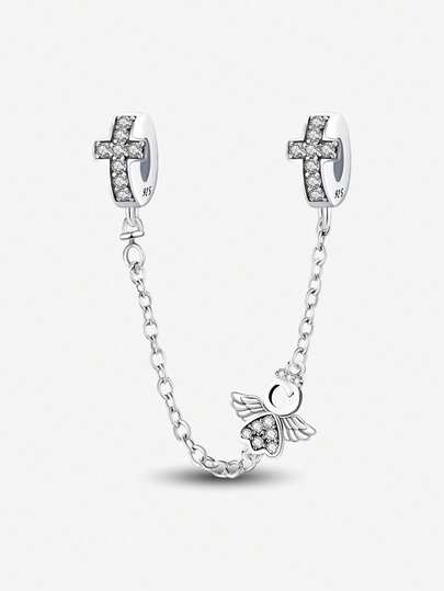 1Pc Fashionable 925 Sterling Silver Angel Cross Safety Chain Beads Charms Fit For Women Bracelets Bangles DIY Jewelry Making And Daily Outfit Matching Jewelry Decoration For Girls